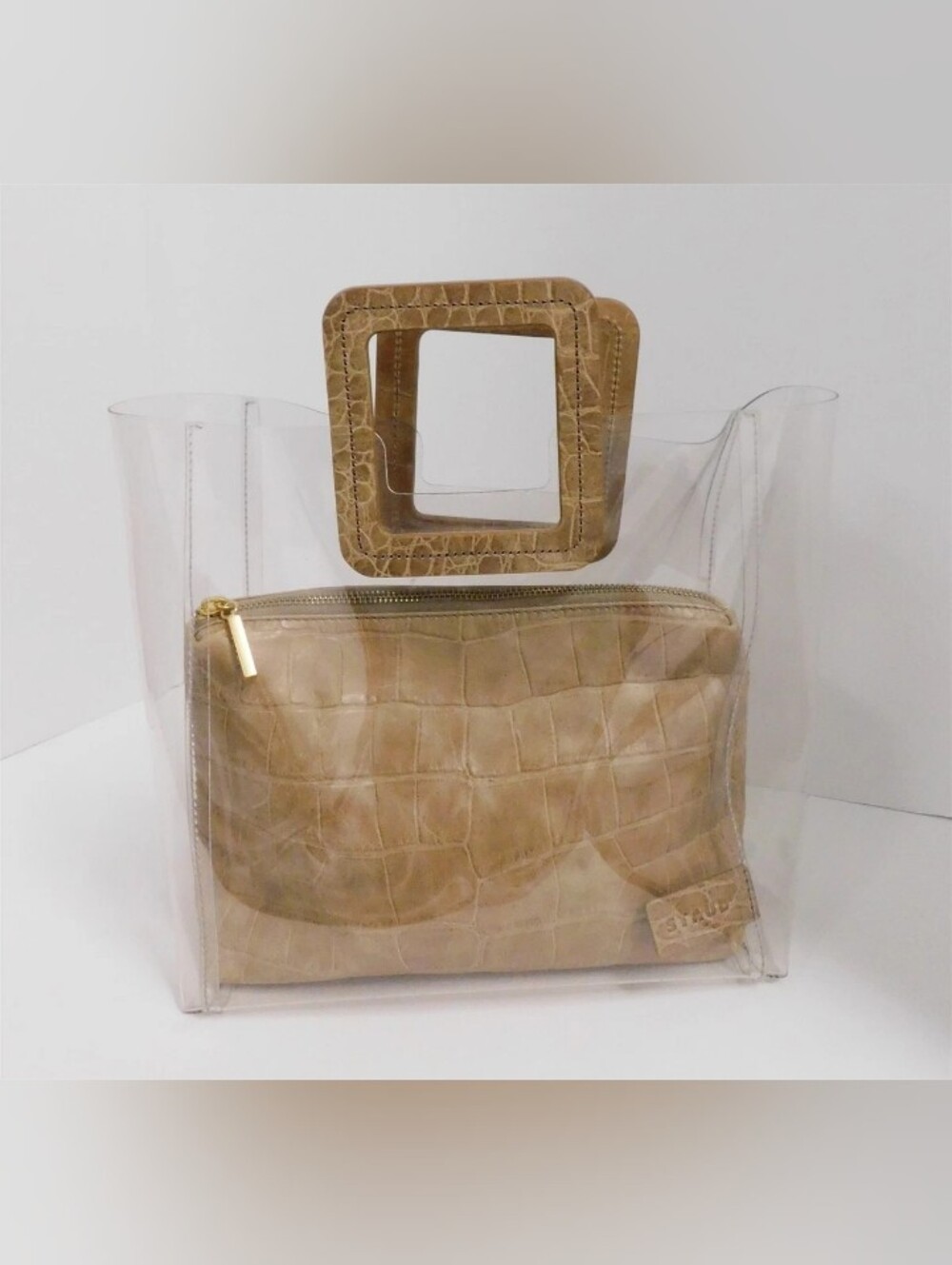Rare Staud Shirley Clear PVC Beige Croc Leather Tote Bag